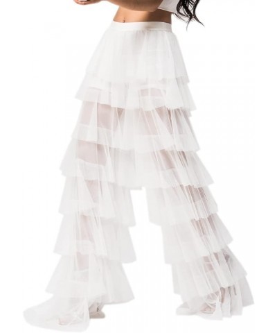 Women's Long Tiered Ruffled Tulle Pants Sheer Mesh Evening Party Layered Pants White $35.70 Pants