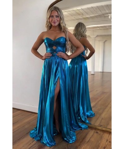 Sparkly Metallic Prom Dresses with Slit A Line Keyhole Satin Long Prom Ball Gowns for Women Emerald Green $26.00 Dresses