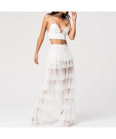 Women's Long Tiered Ruffled Tulle Pants Sheer Mesh Evening Party Layered Pants White $35.70 Pants