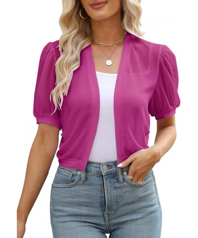 Women Puff Sleeve Bolero Shrug Open Front Summer Cropped Sheer Jackets Cardigan Rose Red $12.50 Sweaters