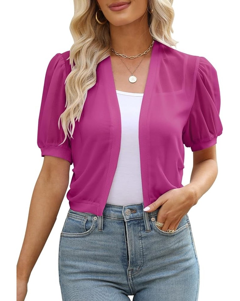 Women Puff Sleeve Bolero Shrug Open Front Summer Cropped Sheer Jackets Cardigan Rose Red $12.50 Sweaters