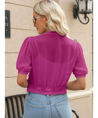 Women Puff Sleeve Bolero Shrug Open Front Summer Cropped Sheer Jackets Cardigan Rose Red $12.50 Sweaters