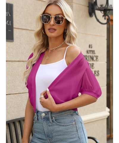 Women Puff Sleeve Bolero Shrug Open Front Summer Cropped Sheer Jackets Cardigan Rose Red $12.50 Sweaters