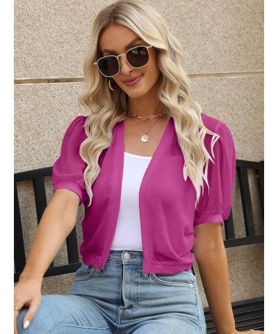 Women Puff Sleeve Bolero Shrug Open Front Summer Cropped Sheer Jackets Cardigan Rose Red $12.50 Sweaters