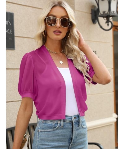 Women Puff Sleeve Bolero Shrug Open Front Summer Cropped Sheer Jackets Cardigan Rose Red $12.50 Sweaters