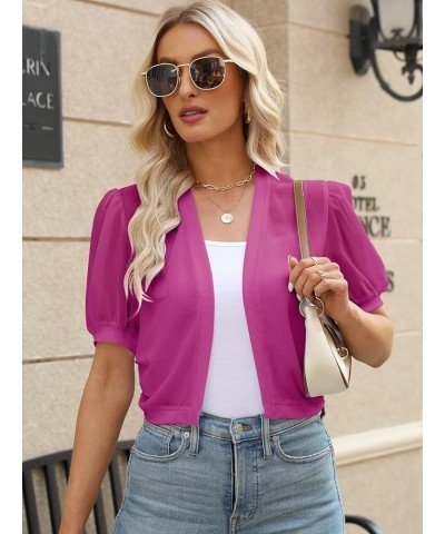 Women Puff Sleeve Bolero Shrug Open Front Summer Cropped Sheer Jackets Cardigan Rose Red $12.50 Sweaters