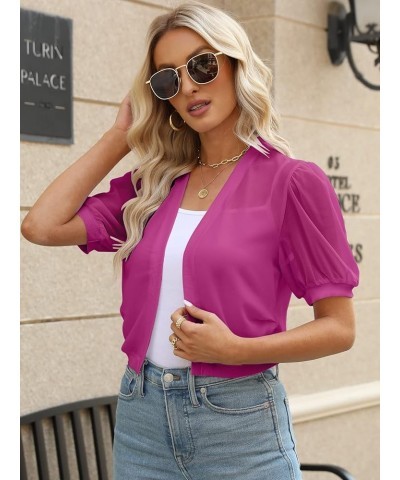 Women Puff Sleeve Bolero Shrug Open Front Summer Cropped Sheer Jackets Cardigan Rose Red $12.50 Sweaters