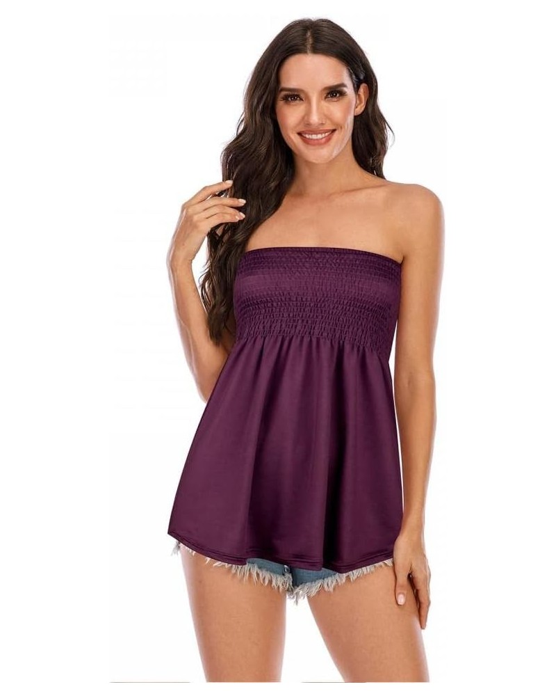 Women's Strapless Sleeveless Tube Tops Pleated Stretch Tunic Tanks Summer Blouse Cami Shirt Dark Purple $7.90 Tanks