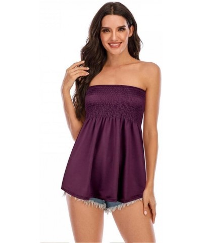 Women's Strapless Sleeveless Tube Tops Pleated Stretch Tunic Tanks Summer Blouse Cami Shirt Dark Purple $7.90 Tanks