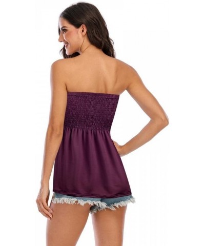 Women's Strapless Sleeveless Tube Tops Pleated Stretch Tunic Tanks Summer Blouse Cami Shirt Dark Purple $7.90 Tanks