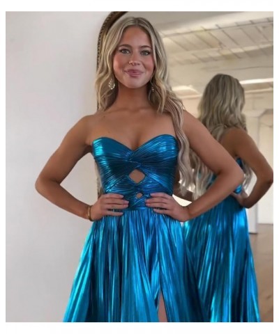 Sparkly Metallic Prom Dresses with Slit A Line Keyhole Satin Long Prom Ball Gowns for Women Emerald Green $26.00 Dresses