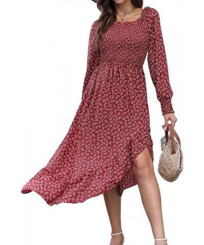 Women's Long Sleeve Boho Floral Dress Smocked Square Neck Midi Casual Flowy Dress with Ruffle Hem Side Slit Red $20.21 Dresses