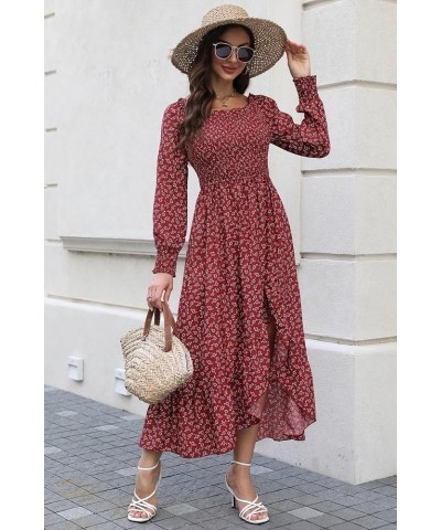 Women's Long Sleeve Boho Floral Dress Smocked Square Neck Midi Casual Flowy Dress with Ruffle Hem Side Slit Red $20.21 Dresses