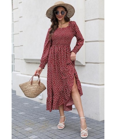 Women's Long Sleeve Boho Floral Dress Smocked Square Neck Midi Casual Flowy Dress with Ruffle Hem Side Slit Red $20.21 Dresses