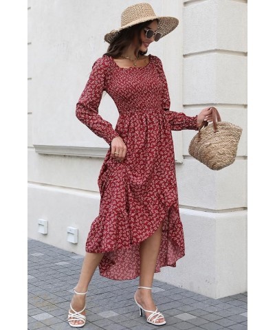 Women's Long Sleeve Boho Floral Dress Smocked Square Neck Midi Casual Flowy Dress with Ruffle Hem Side Slit Red $20.21 Dresses