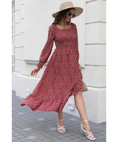 Women's Long Sleeve Boho Floral Dress Smocked Square Neck Midi Casual Flowy Dress with Ruffle Hem Side Slit Red $20.21 Dresses