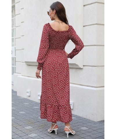 Women's Long Sleeve Boho Floral Dress Smocked Square Neck Midi Casual Flowy Dress with Ruffle Hem Side Slit Red $20.21 Dresses