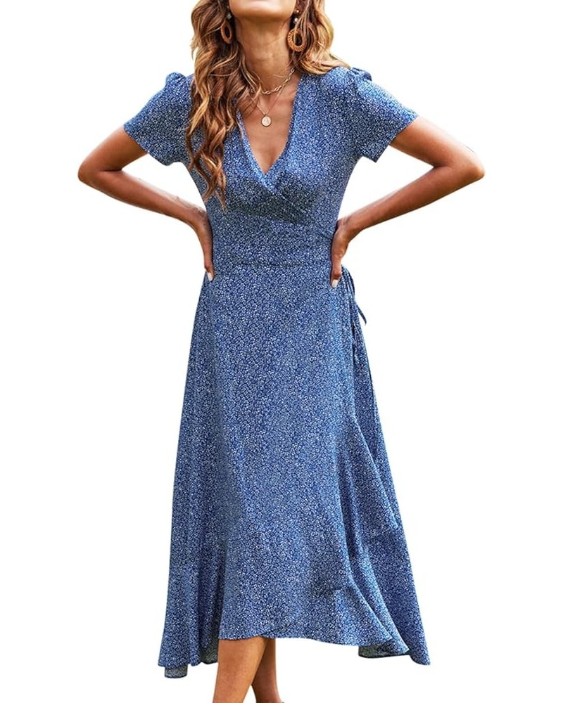 Women's Summer Casual V Neck Bohemian Dress Short Sleeve Beach Long Dresses Blue $14.74 Dresses