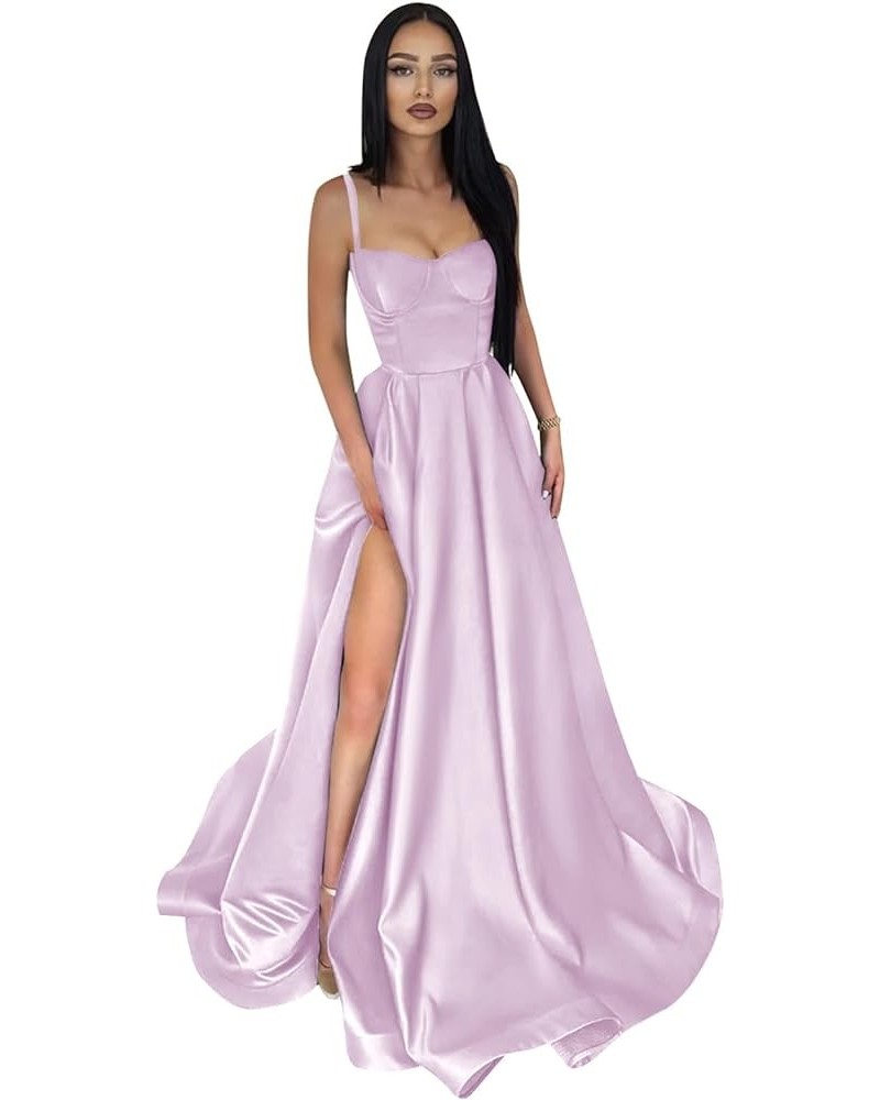 Spaghetti Straps Prom Dresses Long for Women A-Line Satin Formal Ball Gown with Slit Lilac $26.65 Dresses