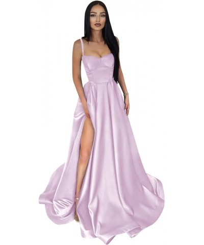 Spaghetti Straps Prom Dresses Long for Women A-Line Satin Formal Ball Gown with Slit Lilac $26.65 Dresses