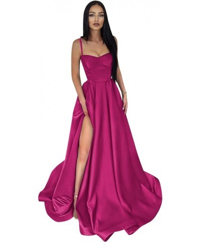 Spaghetti Straps Prom Dresses Long for Women A-Line Satin Formal Ball Gown with Slit Lilac $26.65 Dresses