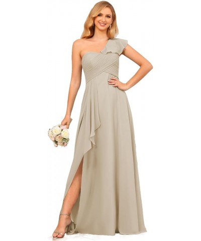 Chiffon One Shoulder Bridesmaid Dress with Slit Pleated Ruffles Long A Line Formal Prom Dress for Women AD001 Taupe $26.95 Dr...