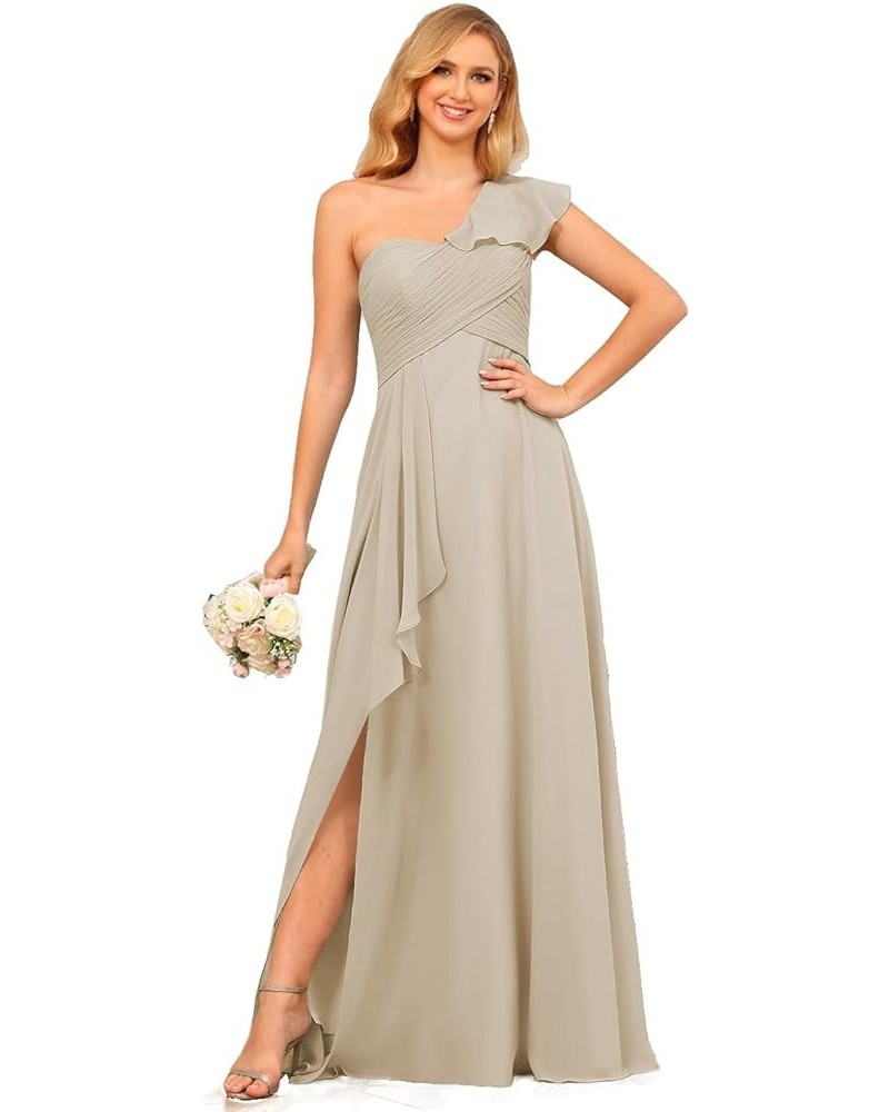 Chiffon One Shoulder Bridesmaid Dress with Slit Pleated Ruffles Long A Line Formal Prom Dress for Women AD001 Taupe $26.95 Dr...