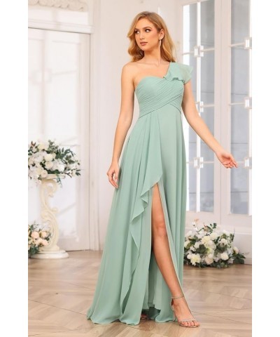 Chiffon One Shoulder Bridesmaid Dress with Slit Pleated Ruffles Long A Line Formal Prom Dress for Women AD001 Taupe $26.95 Dr...