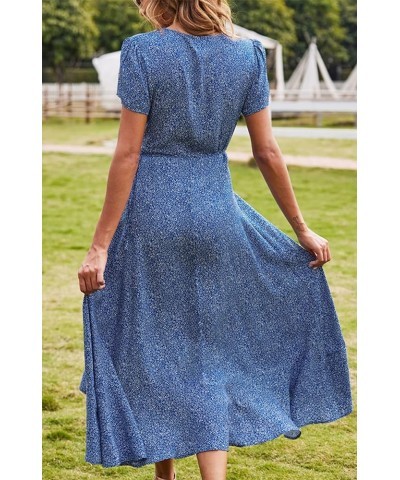 Women's Summer Casual V Neck Bohemian Dress Short Sleeve Beach Long Dresses Blue $14.74 Dresses