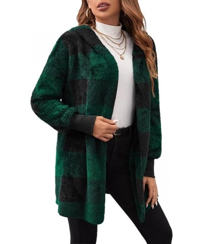 Women Oversized SherpaJacket Winter Fuzzy Plaid Open Front Hooded Cardigan Coats With Hood Green $12.60 Jackets