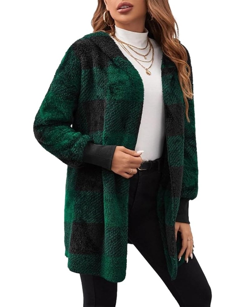 Women Oversized SherpaJacket Winter Fuzzy Plaid Open Front Hooded Cardigan Coats With Hood Green $12.60 Jackets