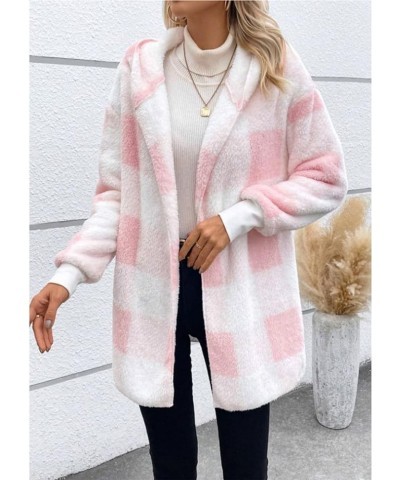 Women Oversized SherpaJacket Winter Fuzzy Plaid Open Front Hooded Cardigan Coats With Hood Green $12.60 Jackets