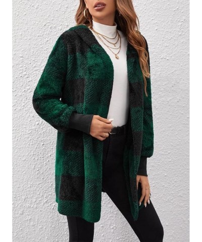 Women Oversized SherpaJacket Winter Fuzzy Plaid Open Front Hooded Cardigan Coats With Hood Green $12.60 Jackets