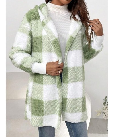 Women Oversized SherpaJacket Winter Fuzzy Plaid Open Front Hooded Cardigan Coats With Hood Green $12.60 Jackets