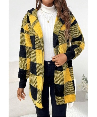 Women Oversized SherpaJacket Winter Fuzzy Plaid Open Front Hooded Cardigan Coats With Hood Green $12.60 Jackets