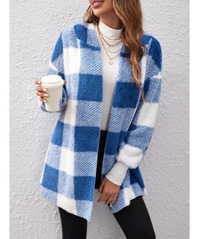 Women Oversized SherpaJacket Winter Fuzzy Plaid Open Front Hooded Cardigan Coats With Hood Green $12.60 Jackets