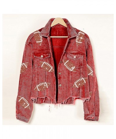 Women’s Cropped Corduroy Jacket Vintage Distressed Football Sequin Patched Shacket Jacket Coat Red $19.80 Jackets