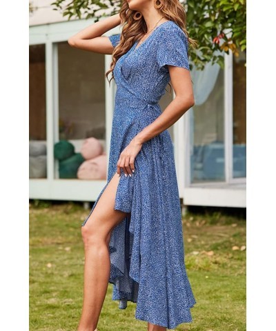 Women's Summer Casual V Neck Bohemian Dress Short Sleeve Beach Long Dresses Blue $14.74 Dresses