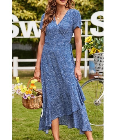 Women's Summer Casual V Neck Bohemian Dress Short Sleeve Beach Long Dresses Blue $14.74 Dresses