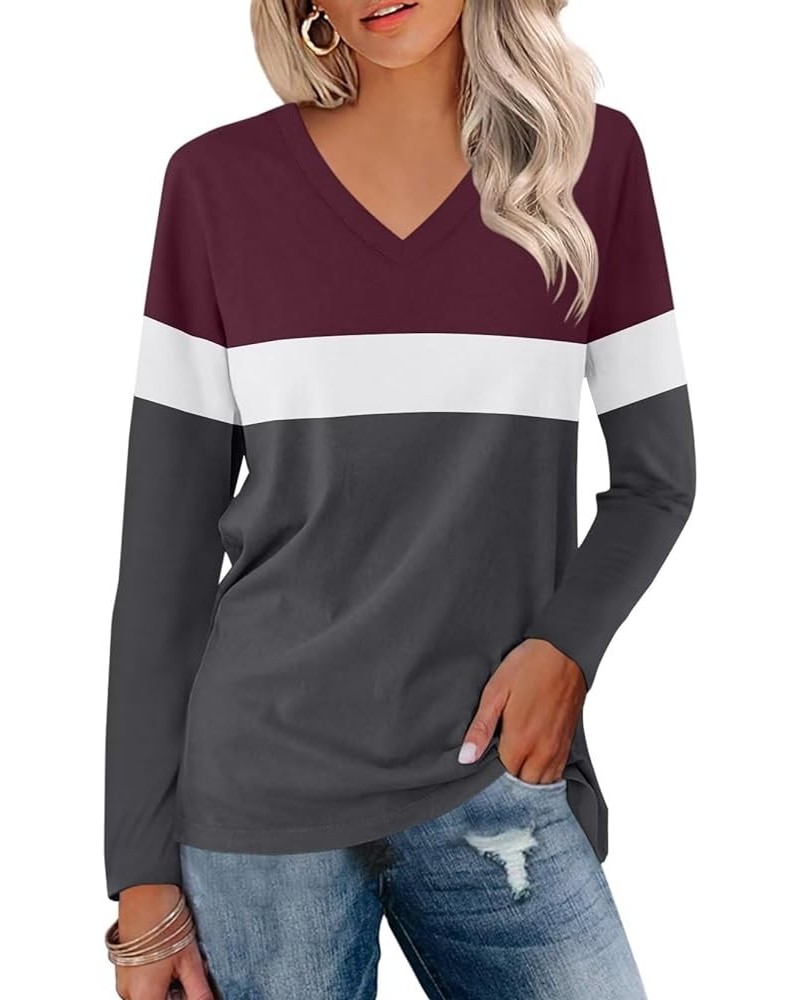 Women's V Neck Long Sleeve T Shirts Casual Color Block/Solid Tunic Tops Basic Tees A Wine Red-white-charcoal $13.63 Tops