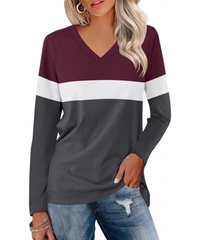 Women's V Neck Long Sleeve T Shirts Casual Color Block/Solid Tunic Tops Basic Tees A Wine Red-white-charcoal $13.63 Tops