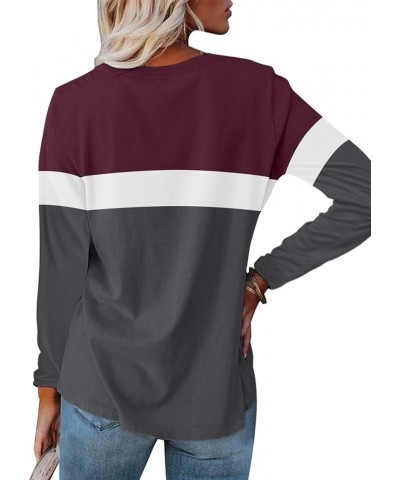 Women's V Neck Long Sleeve T Shirts Casual Color Block/Solid Tunic Tops Basic Tees A Wine Red-white-charcoal $13.63 Tops