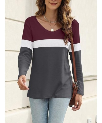 Women's V Neck Long Sleeve T Shirts Casual Color Block/Solid Tunic Tops Basic Tees A Wine Red-white-charcoal $13.63 Tops