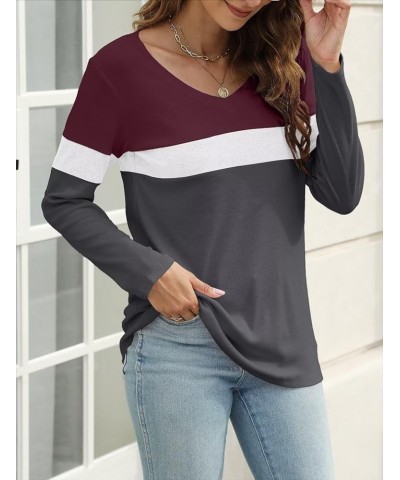 Women's V Neck Long Sleeve T Shirts Casual Color Block/Solid Tunic Tops Basic Tees A Wine Red-white-charcoal $13.63 Tops