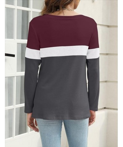 Women's V Neck Long Sleeve T Shirts Casual Color Block/Solid Tunic Tops Basic Tees A Wine Red-white-charcoal $13.63 Tops