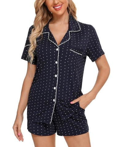 Women Pajamas Set Soft Button Down Sleepwear Short Sleeve Pjs Set Loungewear with Pockets Navy With Dot $20.00 Sleep & Lounge