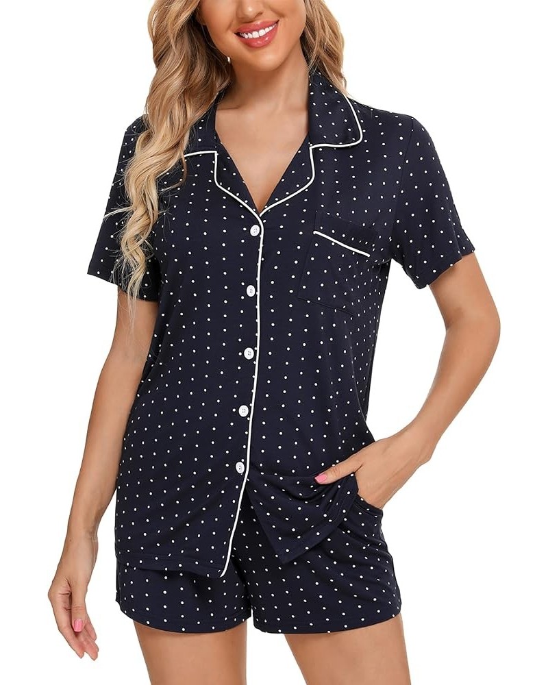 Women Pajamas Set Soft Button Down Sleepwear Short Sleeve Pjs Set Loungewear with Pockets Navy With Dot $20.00 Sleep & Lounge