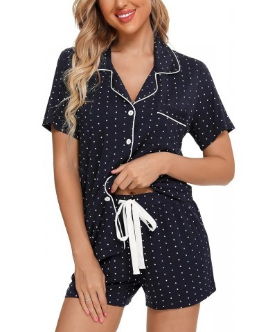 Women Pajamas Set Soft Button Down Sleepwear Short Sleeve Pjs Set Loungewear with Pockets Navy With Dot $20.00 Sleep & Lounge