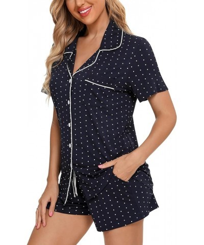 Women Pajamas Set Soft Button Down Sleepwear Short Sleeve Pjs Set Loungewear with Pockets Navy With Dot $20.00 Sleep & Lounge