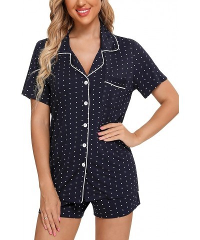 Women Pajamas Set Soft Button Down Sleepwear Short Sleeve Pjs Set Loungewear with Pockets Navy With Dot $20.00 Sleep & Lounge